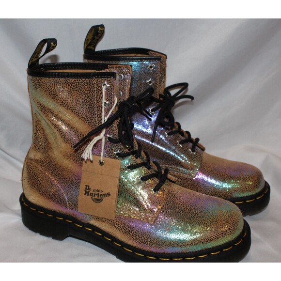 WOMEN'S DR. MARTENS GOLD‎ RAINBOW LEATHER 1460 ANKLE BOOTS SZ 10 NEW - Picture 1 of 5
